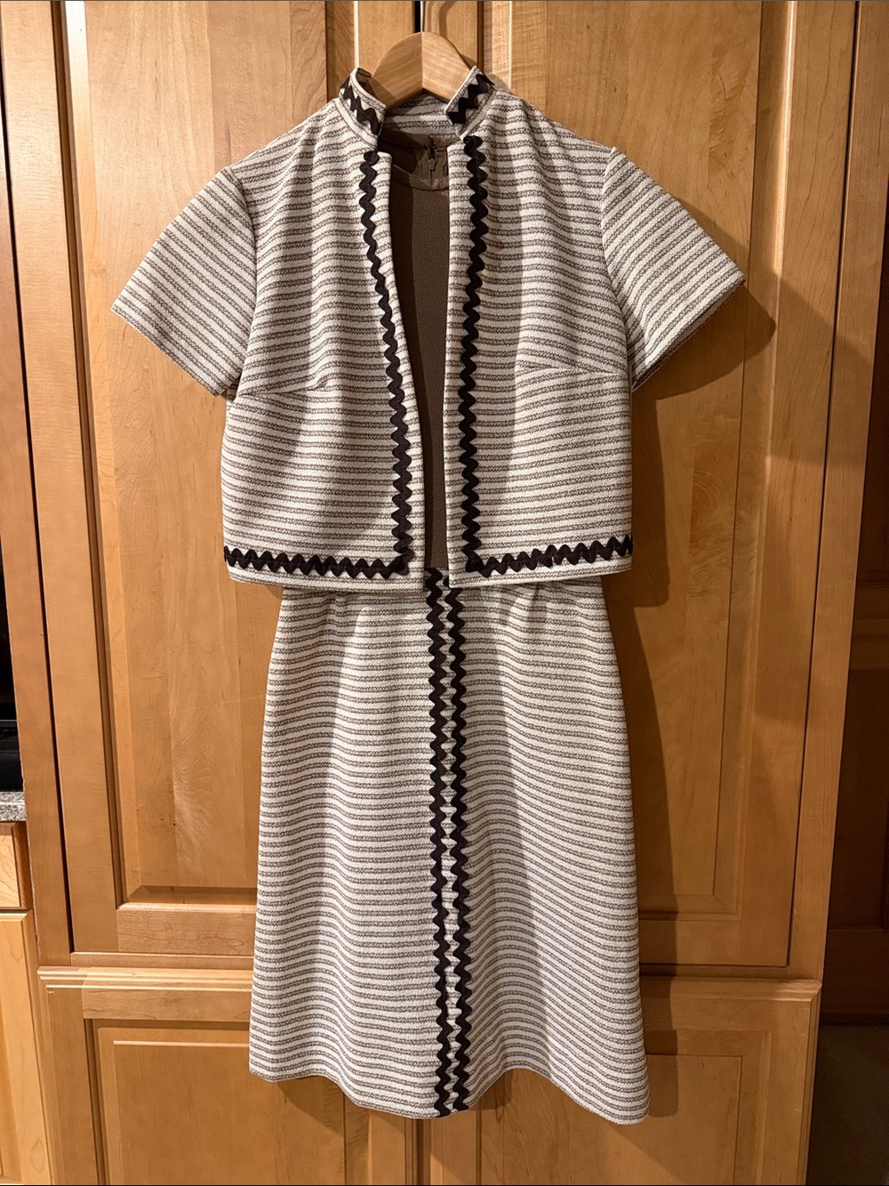VTG Striped Cream & Brown Embroidered Trim Two-Piece Dress Set